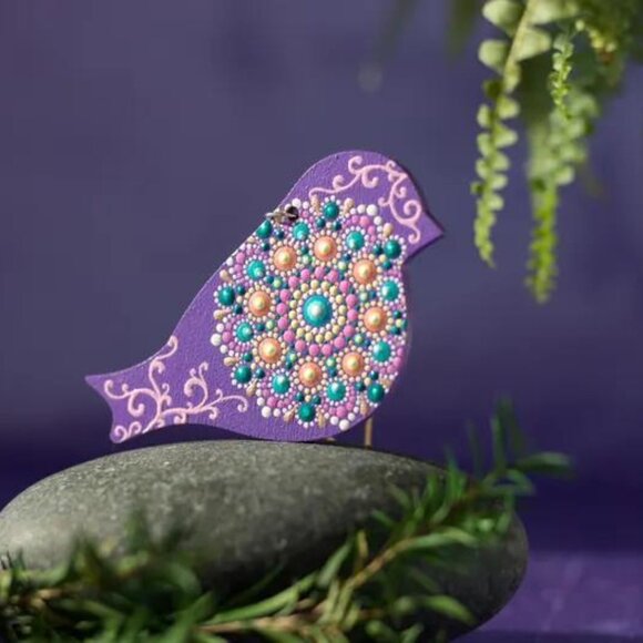 Bird Shaped Mandala Ornament Dot Art: Hand-Painted Acrylic Purple Ornament - Picture 6 of 6